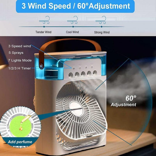 USB Mini Protable Air Cooler with 3 Wind Speed and 3 Spray Modes, Desktop Fan with a 7 Colour LED Light