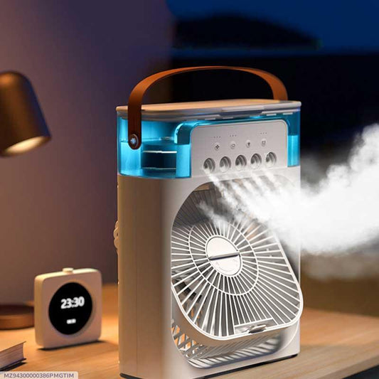 USB Mini Protable Air Cooler with 3 Wind Speed and 3 Spray Modes,  Desktop Fan with a 7 Colour LED Light