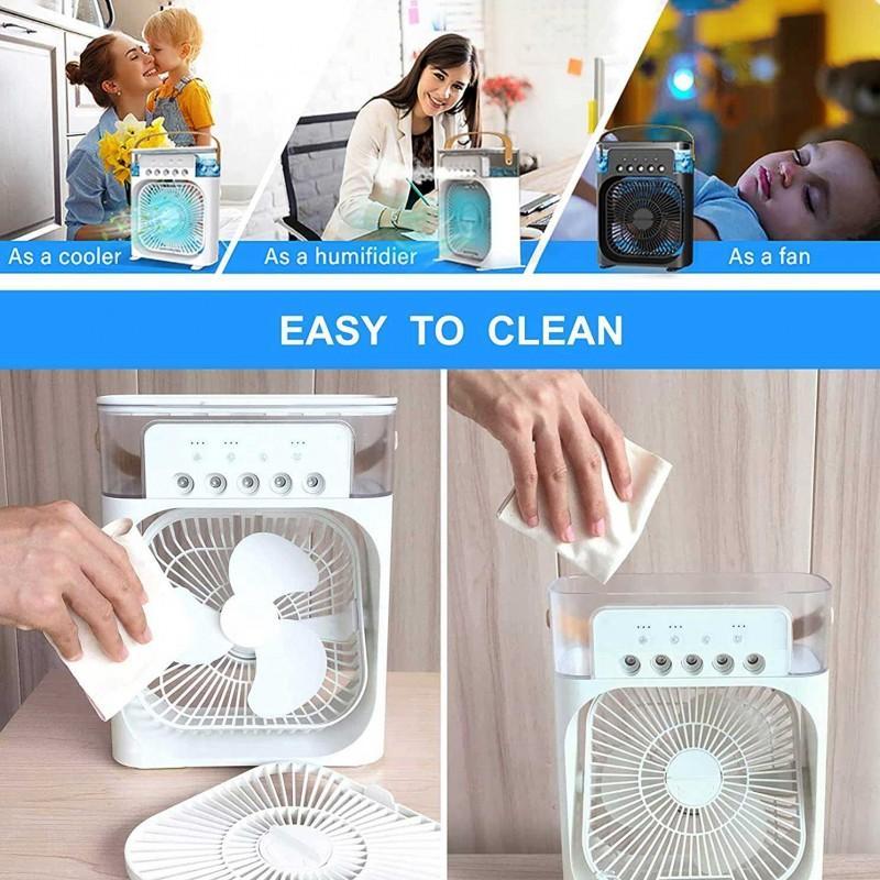 USB Mini Protable Air Cooler with 3 Wind Speed and 3 Spray Modes,  Desktop Fan with a 7 Colour LED Light